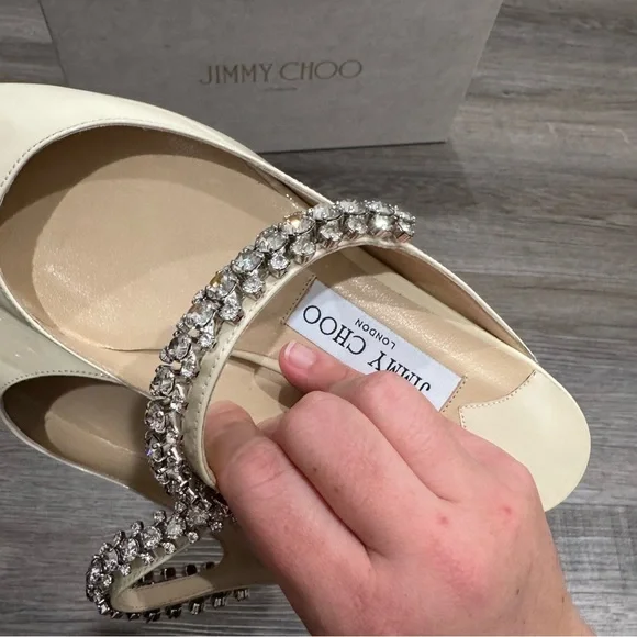 Jimmy Choo Bing Crystal Strap Patent Leather in Linen Mule Flats - Picture 9 of 16